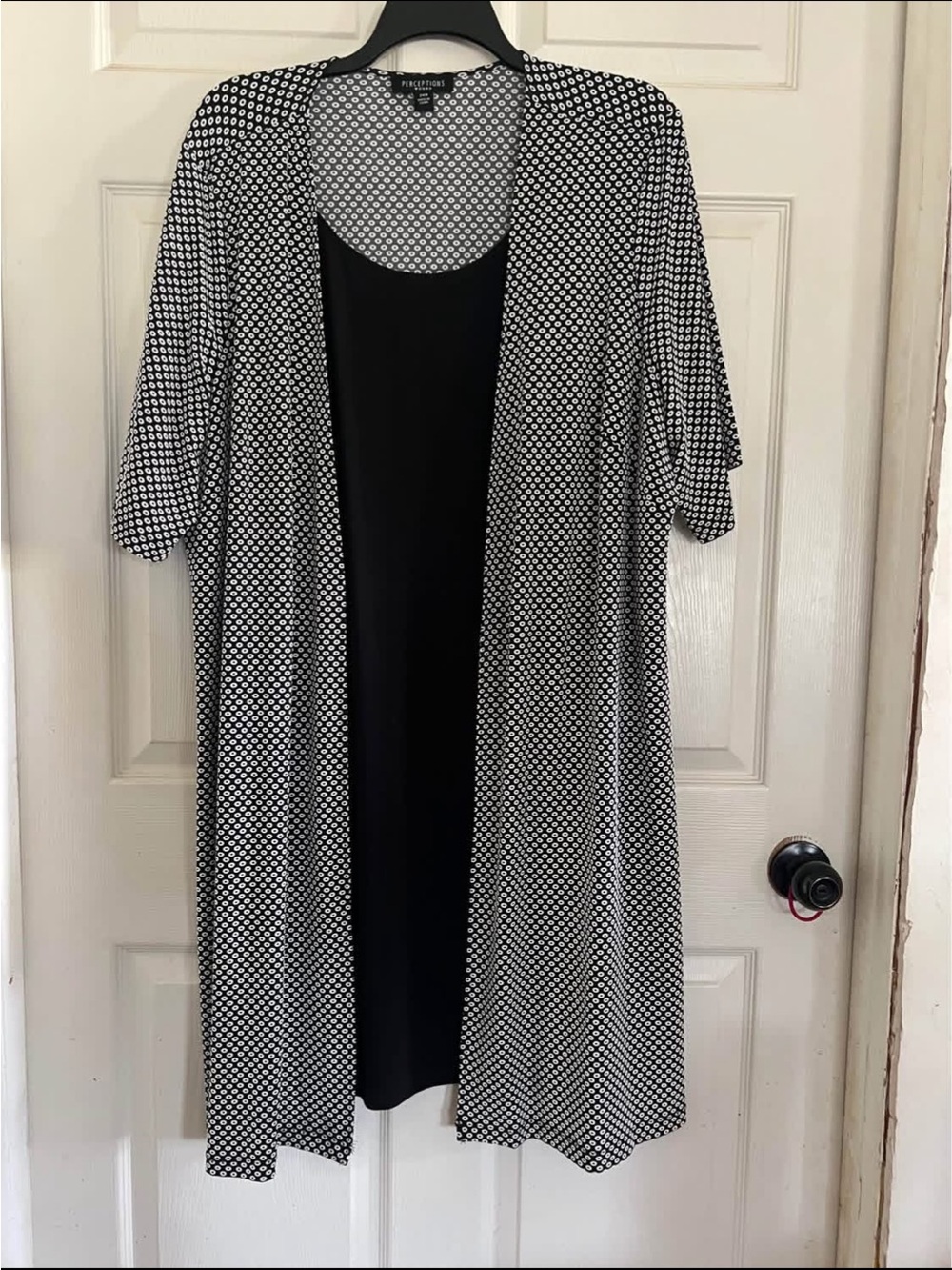 Plus-Size Black & White Patterned Midi Dress with Open-Front Layer